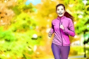 Female jogger. Fit young Asian woman jogging in park smiling hap