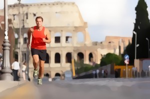 Running runner man by Colosseum, Rome, Italy. Male athlete train