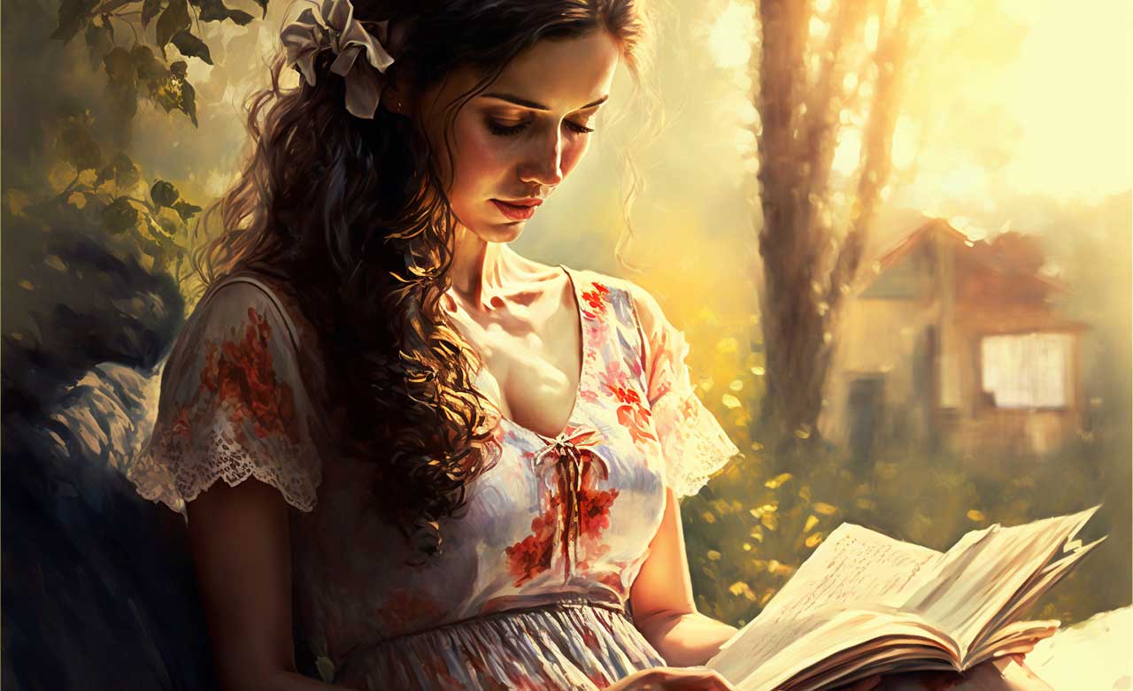 Beautiful woman reading poetry