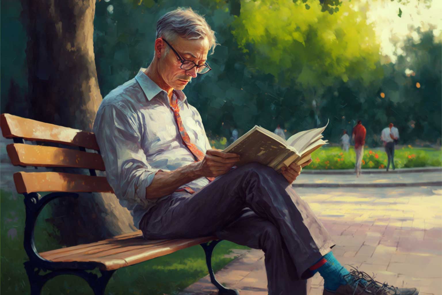 Man reading poetry on a bench