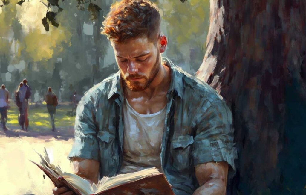man reading poetry in the park by a tree
