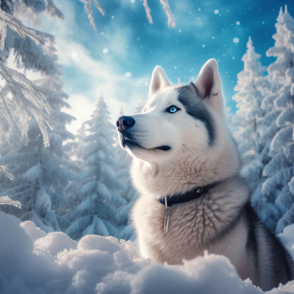 A majestic husky in a winter wonderland